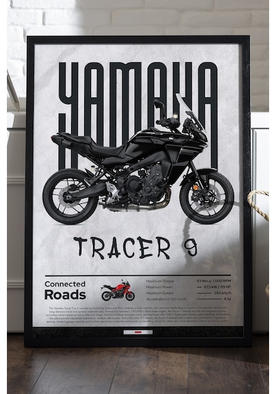 Yamaha Tracer 9 Siyah Ahşap Çerçeveli Poster, Dekoratif Motosiklet Duvar Tablosu