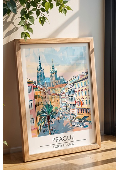 Çek Cumhuriyeti Prag Temalı Çerçeveli Tablo Travel Serisi Modern İllüstrasyon Duvar Dekoru Kayın