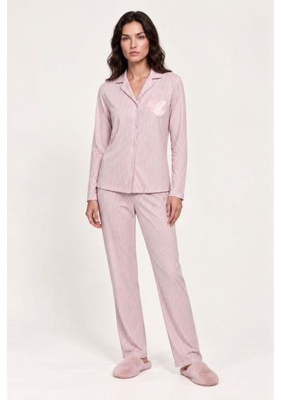 Gd Goldoremi Kadın Premium Gömlek Yaka Önden Düğmeli Regular Fit Çizgili Uzun Kollu Pijama Takım PEMBE Gd Goldoremi Kadın Premium Gömlek Yaka Önden Düğmeli Regular Fit Çizgili Uzun Kollu Pijama Takım PEMBE