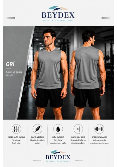 Beydex Erkek Nem Emici Hızlı Kuruma Atletik Teknik Sporcu Sıfır Kol T-shirt Gym Gri