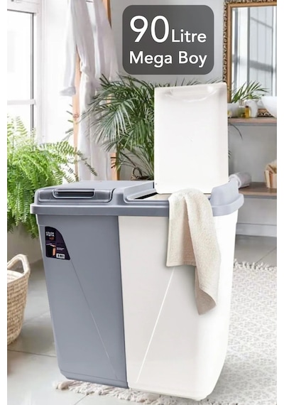 Meleni Home Mega Duo İki Bölmeli Kirli Çamaşır Sepeti - Banyo Çamaşır Sepeti Renkliler & Beyazlar 90 Lt Diğer