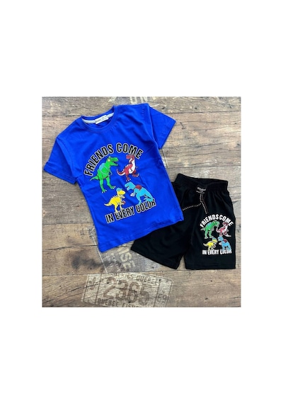 Süslü Kids Erkek Çocuk Dinozor Baskılı Tişört Şort Alt Üst Takım D.mavi
