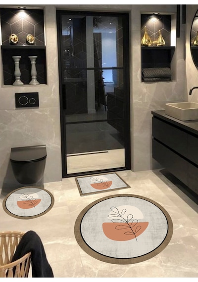 Soyut - Pamuk Dokuma Taban Yuvarlak Banyo Halısı 100x100-60x60-4 Renkli