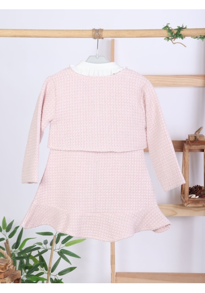 Xo Kids Bebe Yakalı Pudra Fiyonklu Tüvit Kız Çocuk 3lü Ceketli Elbise Takmı 2-7 Yaş 4421 Pembe