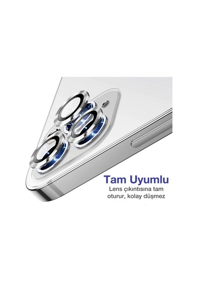 Apple Uyumlu   iPhone 14 Pro Max Kamera Koruyucu Lens Mercek Metal Çerçeveli 3lü Set Gümüş Gri Silver