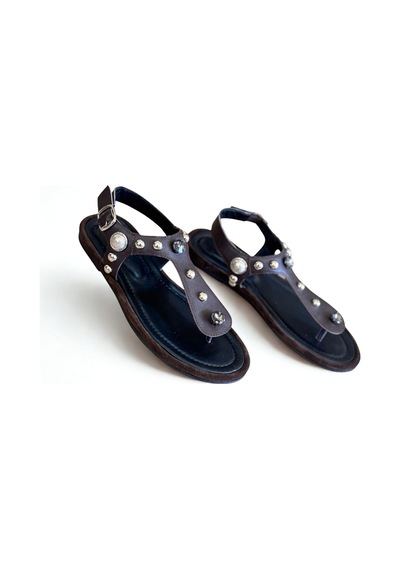 Ne&ve Shoes Kahve Hakiki Deri Kadın Parmak Arası Taşlı Sandalet Kahverengi