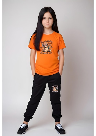 Fyk Kids Kız Çocuk Yuvarlak Yaka Baskılı Bearly Chillin Alt-üst Pijama Takımı Turuncu