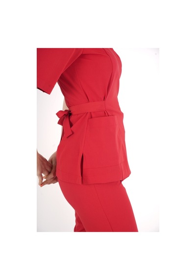 Kırmızı Elegant Model Cerrahi Üniforma Belden Bağlamalı Scrubs Takım Kırmızı