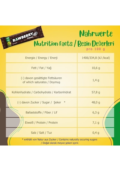 Rawberry Cacao Vegan Glutensiz Şeker İlavesiz Kuruyemiş Bar 15 x 33 G