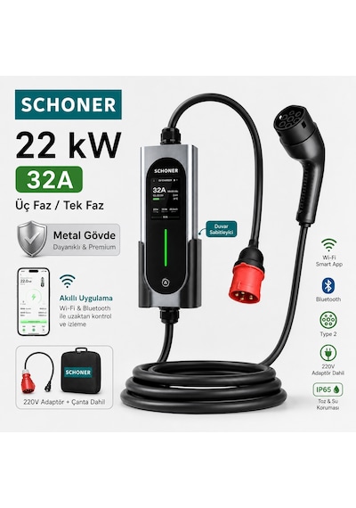 Schoner 22 Kw Trifaz - Monofaz Taşınabilir Elektrikli Araç Şarj Cihazı
