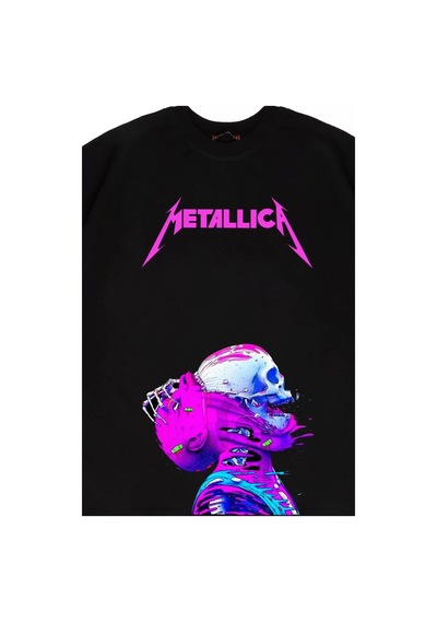 Tarzsokak Metallica Neon Pembe Baskılı Beyaz Unisex Oversize Siyah