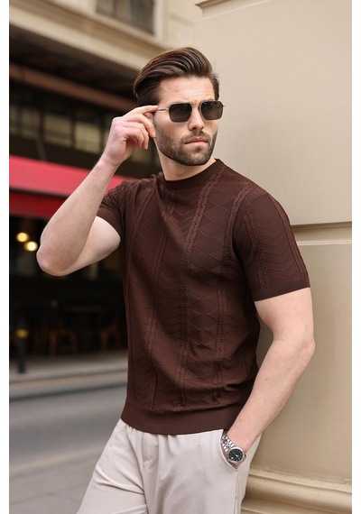 Kahverengi Bisiklet Yaka Slim Fit Triko Erkek Tişört E7466