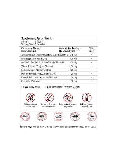 Ceramide 60 Mg + Löykotomos Fern 500 Mg + Aloe Vera Gel 200 Mg + Wheat Extract 200 Mg 60 Capsules