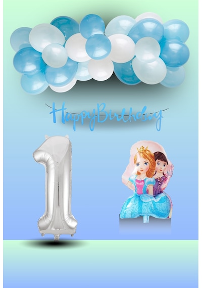 1 Yaş Frozen Tema İkili Prenses Folyo Balon Mavi Beyaz Balon Gümüş Rakam Mavi Banner Doğum Günü Seti Çok Renkli