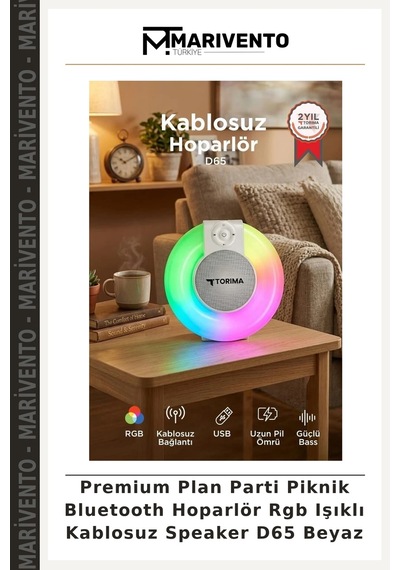 Premium Plan Parti Piknik Bluetooth Hoparlör Rgb Işıklı Kablosuz Speaker D65 Beyaz