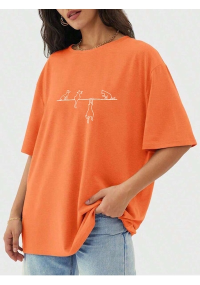 Uyguntarz Unisex Kedi Baskılı Oversize Tshirt Turuncu