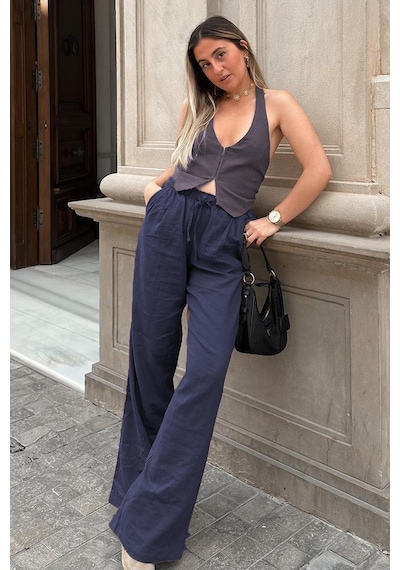 Madmext Lacivert Beli Büzgülü Wide Leg Kumaş Pantolon Mg1950-lacivert Lacivert