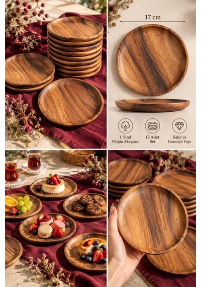 Atbyhome 12'li Akasya Ahşap Tatlı Tabağı Seti 17 Cm - Doğal Yuvarlak Pasta Çay Saati Sunum Tabağı Kahverengi