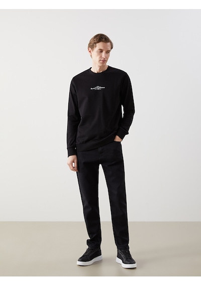 Lcwaıkıkı Classic Siyah Bisiklet Yaka Uzun Kollu Baskılı Erkek Sweatshirt