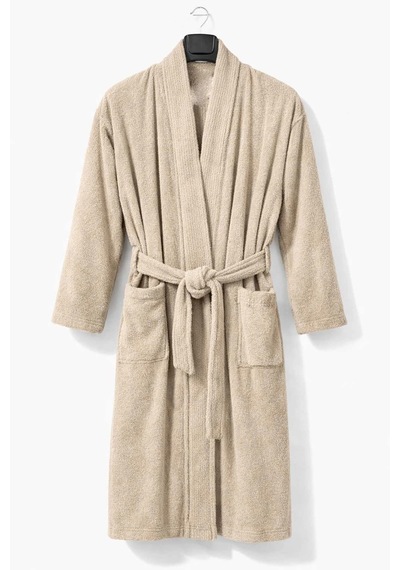 Kimono Yaka Unisex Pamuklu Tek Kişilik Bornoz Bej S-m