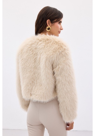 Sateen Yakasız Kürk - Bej-135665 Bej
