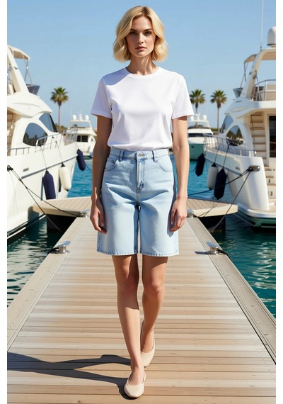 Benerly Kadın Bermuda Yüksek Bel Geniş Paça Düz Desen Denim Rahat Kesim K Açık Mavi Benerly Kadın Bermuda Yüksek Bel Geniş Paça Düz Desen Denim Rahat Kesim K Açık Mavi