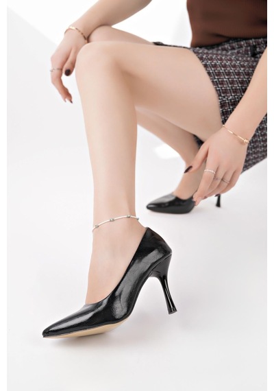 Nesilshoes Nesil Shoes Senyo K72 Siyah Rugan Baskı Topuklu Kadın Stiletto