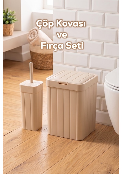Porsima Linny 2li Banyo Fırçası Banyo Mutfak Çöp Kovası Seti Klozet Fırçası Ve Çöp Kutusu Takımı 10lt Grı