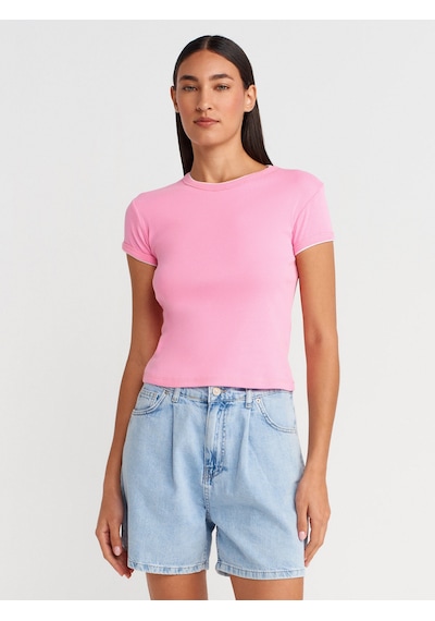 Dilvin 31750 Kontrast Kısa Kollu Tshirt-pembe Pembe