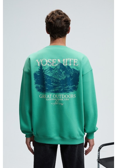 Grimelange PERCY Erkek Yuvarlak Yaka Göğsü Nakışlı Sırtı Baskılı Oversize Yeşil Sweatshirt