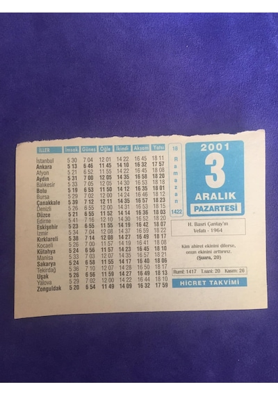 3 Aralık 2001 Takvim Yaprağı - Nostalji Koleksiyonluk Takvim Yaprağı C