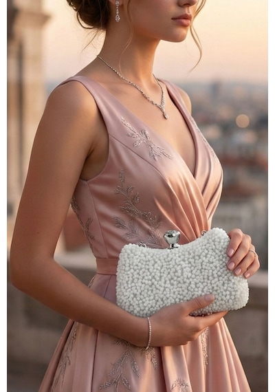 Vivazzaluxe Kristal Taşlı Kadın Abiye, Clutch Çanta Beyaz