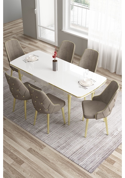 Canisa Tia Serisi 80x132 Açılabilir Mdf Beyaz Gold Detay Mutfak Masa Takımı Ve 6 Cappucino Sandalye Masa Beyaz Sandalye Cappucino Canisa Tia Serisi 80x132 Açılabilir Mdf Beyaz Gold Detay Mutfak Masa Takımı Ve 6 Cappucino Sandalye Masa Beyaz Sandalye Cappucino