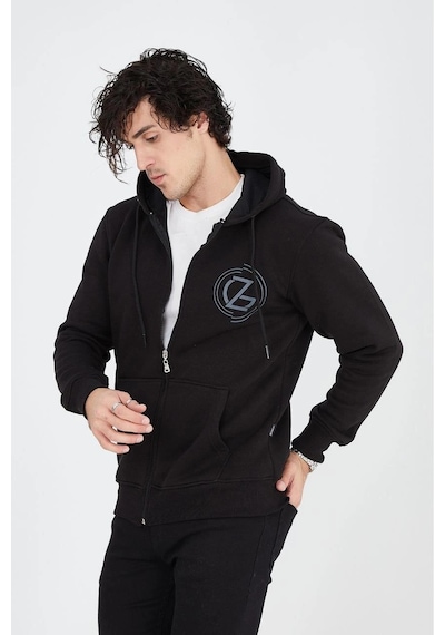 Erkek 3 İplik Pamuklu Fermuarlı Kapüşonlu Kanguru Cepli Baskılı Hoodie Hırka Sweatshirt - Siyah