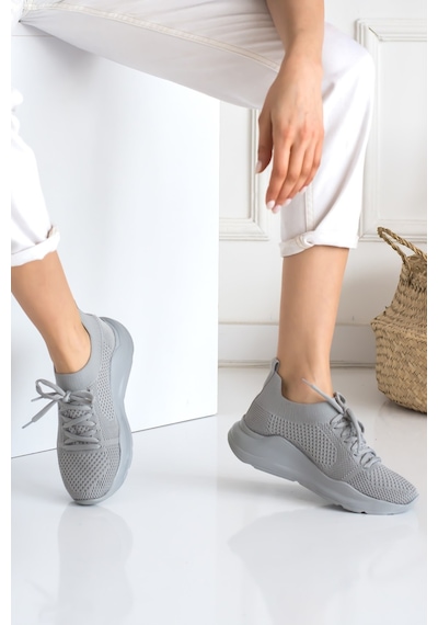 Kadın Triko Sneaker Bağcıklı Çorap Bileklik Detaylı Spor Ayakkabı 017 Buz