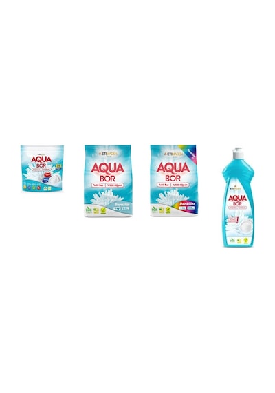 Aquabor Doğal Mineralli Tablet + 4 Kg Beyaz + 4 Kg Renkliler + Elde Bulaşık 4 Lü Set 0.75 LT - 2.5 LT - 12 KG
