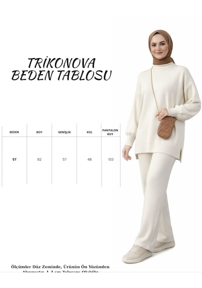 Trikonova Balon Kol Bol Paça Alt Üst Kadın Triko Tesettür Takım Krem
