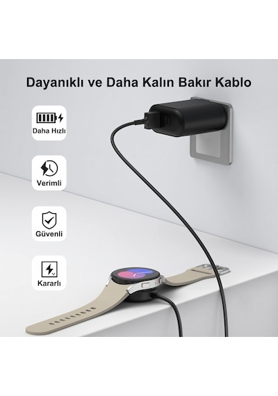 Caseonn Samsung Galaxy Watch 5 40mm Manyetik Usb Hızlı Şarj Kablosu Siyah Yüksek Amper