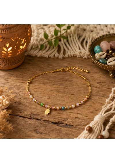 Colora Hamsa Anklet Renkli Boncuklu Fatma Ana Eli Çelik Halhal Çok Renkli