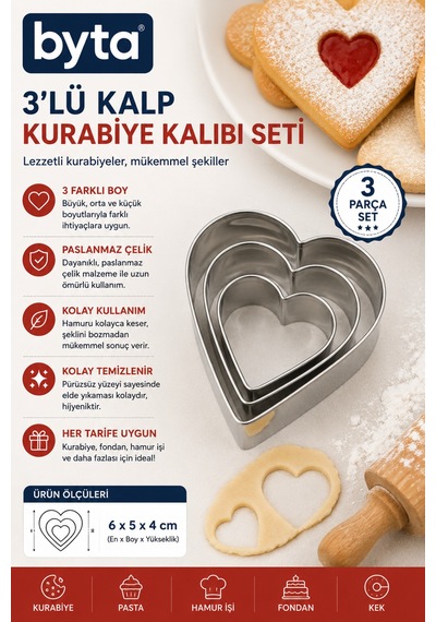 3'lü Paslanmaz Çelik Kalp Kurabiye, Pasta Ve Fondan Kalıbı Seti Farklı Boylar Diğer
