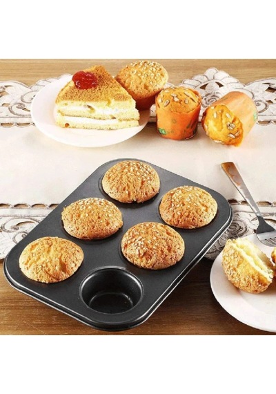 6'lı Muffin Kek Kalıbı Yapışmaz Kaplamalı Cupcake Ve Muffin Pişirme Tepsisi Granit Siyah