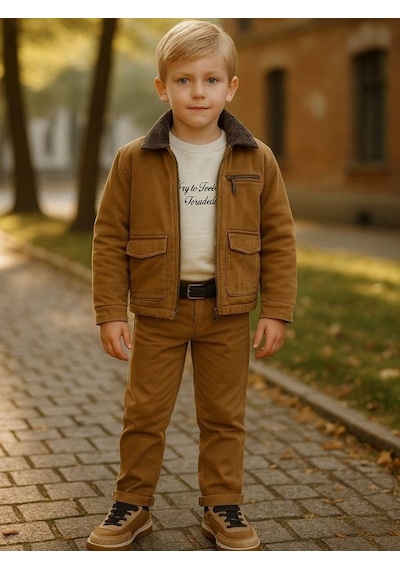 Zekids Erkek Çocuk Yumuşak Dokulu Kemerli Kanvas Pantolon-16326 Camel