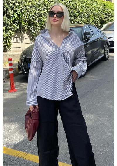 Madmext Siyah Çizgili Over Fit Gömlek Mg1525 Siyah
