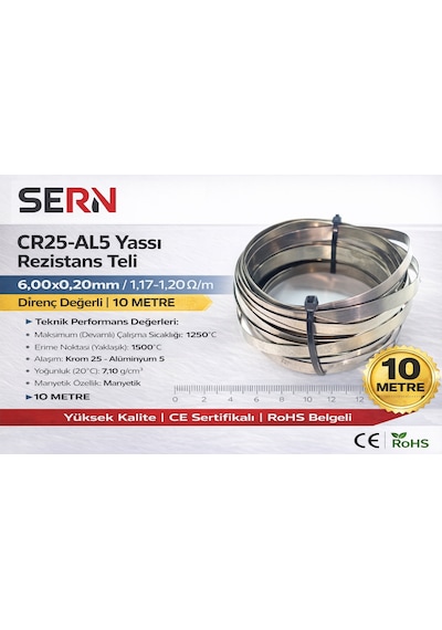 Sern Cr25-al5 Yassı Rezistans Teli 6,00x0,20mm 1,17 1,20 Ω/m Direnç Değerli Paket: 10 Metre