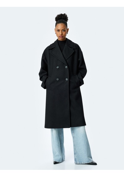 Koton Cepli Düğmeli Kruvaze Oversize Kaşe Kaban Siyah 5wak00429ew