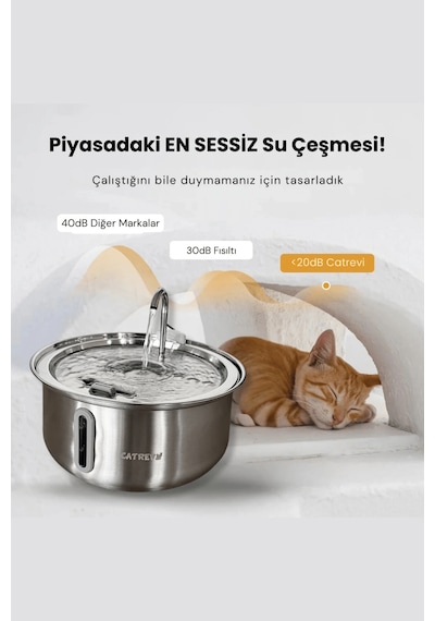 Catrevi 4 L Paslanmaz Çelik Su Pınarı Kedi Köpek Premium Su Çeşmesi Ultra Sessiz Su Sebili 4 Filtre Hediye