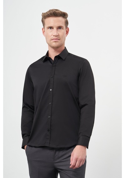 İmza Siyah Uzun Kol Düz Bez Ayağı 032 Sert Yaka Classic Slim Fit Gömlek 1004245324 Siyah