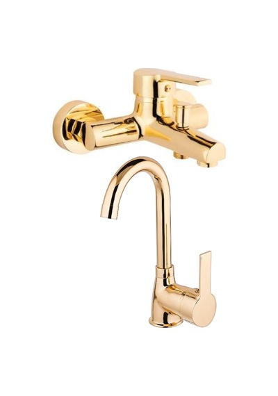 2 Li Set Kaliteli Gold Renk Lüx Gövde Banyo Ve Banyo Lavabo Musluğu Bataryası Altın