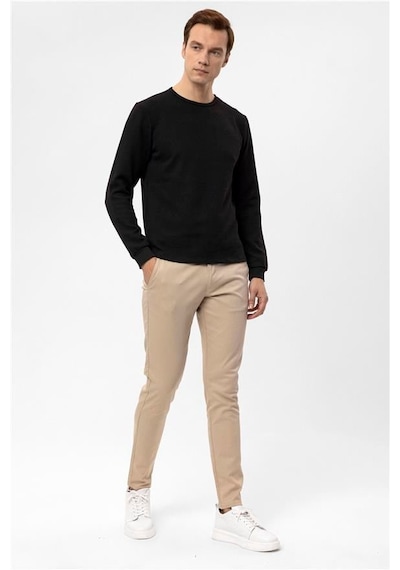 Süvari Siyah Slim Armürlü Bisiklet Yaka Sweatshirt Siyah
