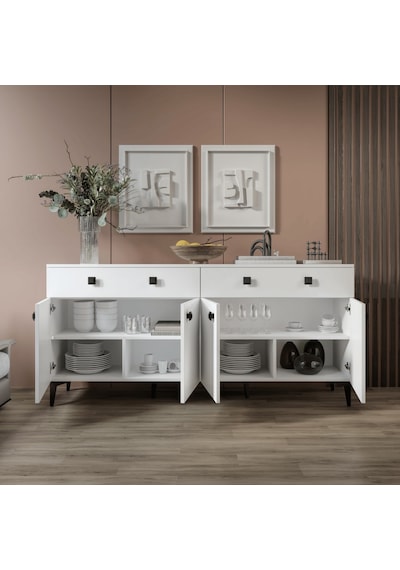 Elara Konsol 180 Cm Beyaz, Metal Ayaklı 4 Kapaklı 2 Çekmeceli Modern Konsol Beyaz